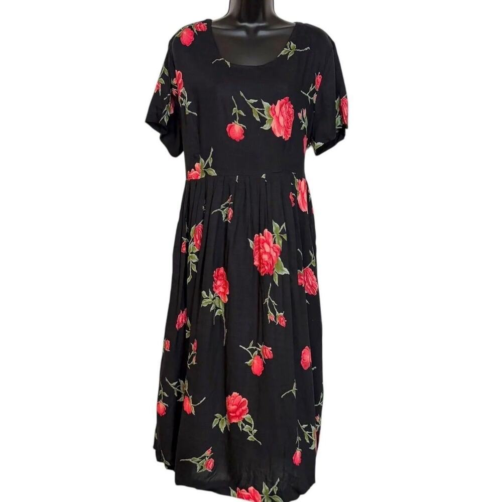 VINTAGE 1990s BLACK & RED ROSE DARK FLORAL WHIMSIGOTH BABYDOLL MAXI DRESS SIZE L
